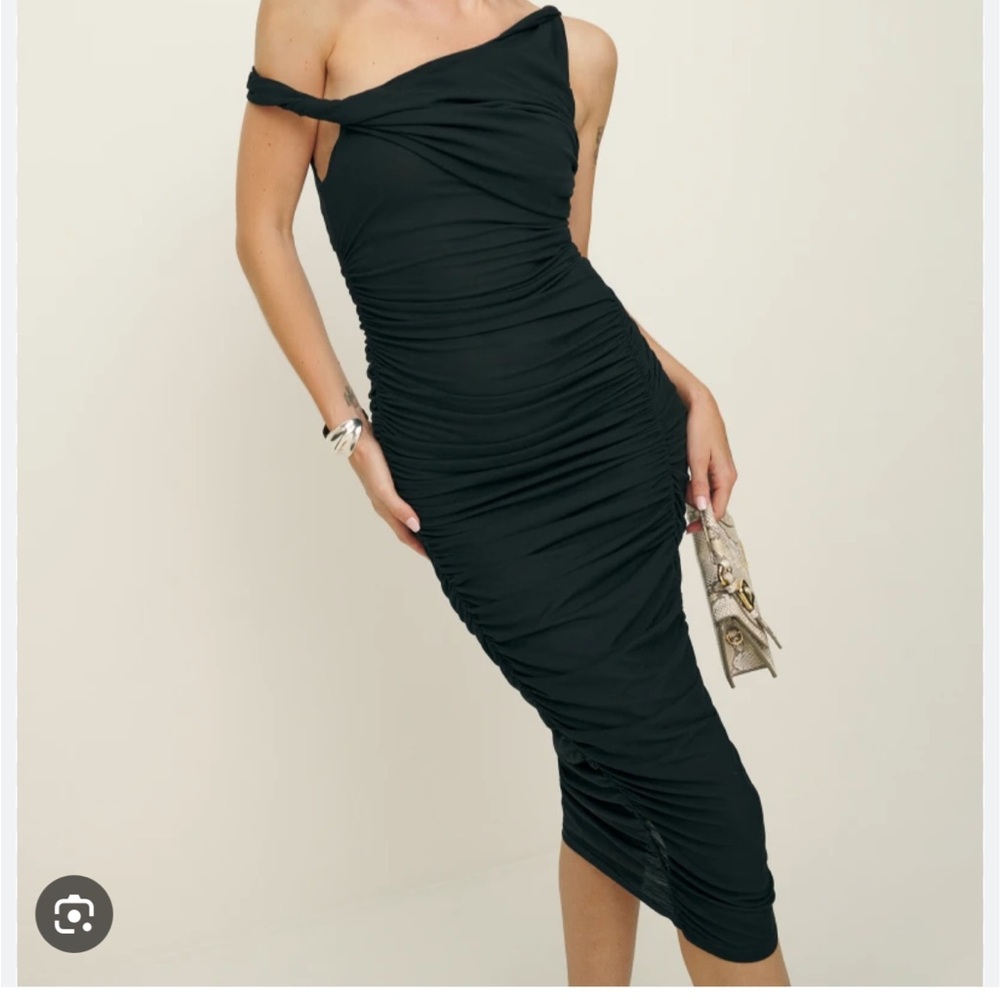 Reformation Black One-Shoulder Ruched Midi Alycia Dress